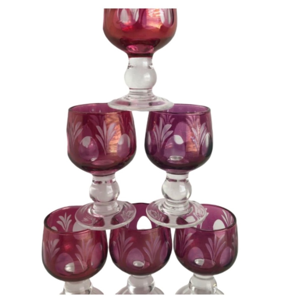 Vintage Set of 6 Cranberry Wine Glasses โ Elegant & Delicate